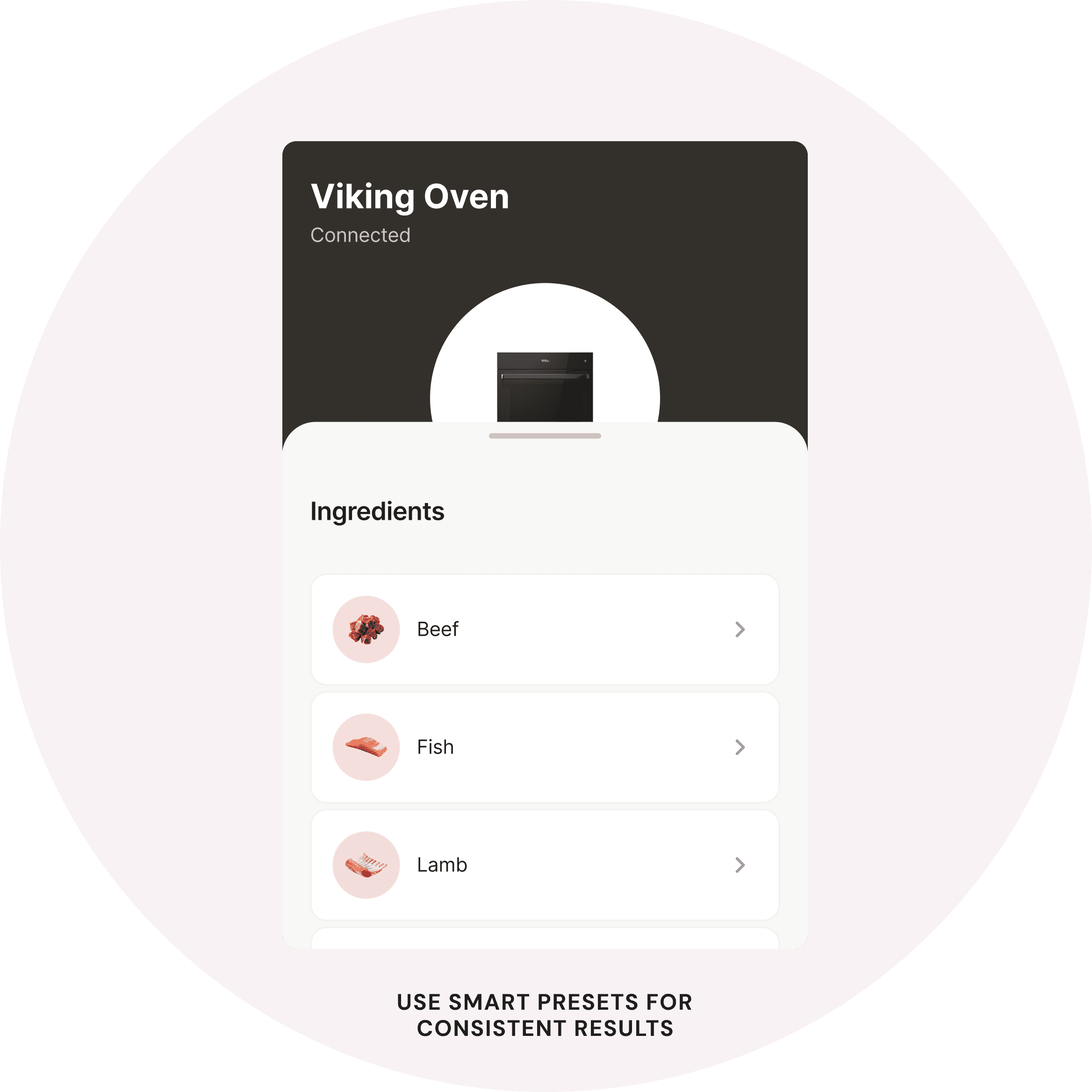 App screen shows "Viking Oven Connected" with ingredient options "Beef", "Fish", and "Lamb" and note "Use smart presets for consistent results"