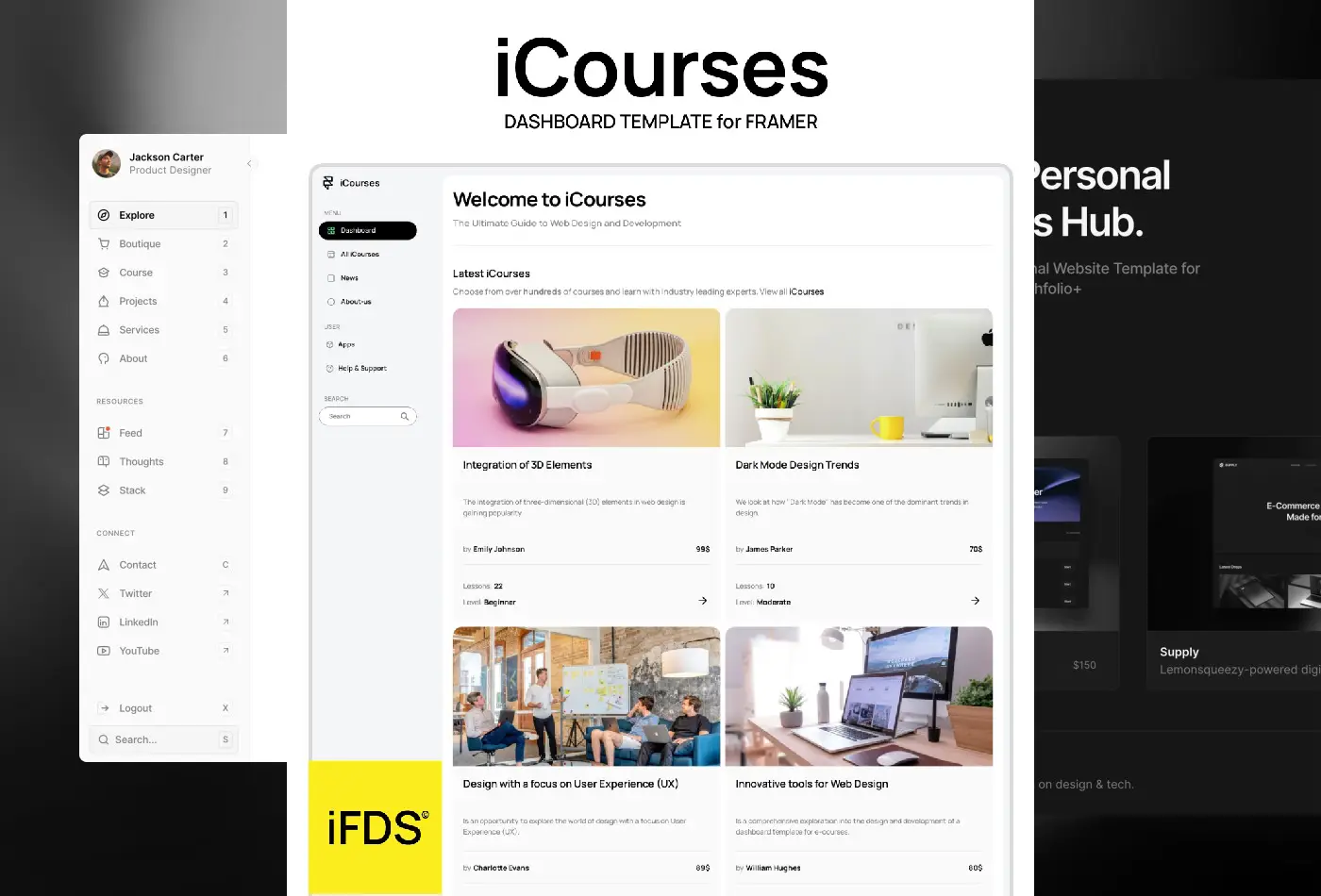 iCourses online course Framer template for e-learning website design