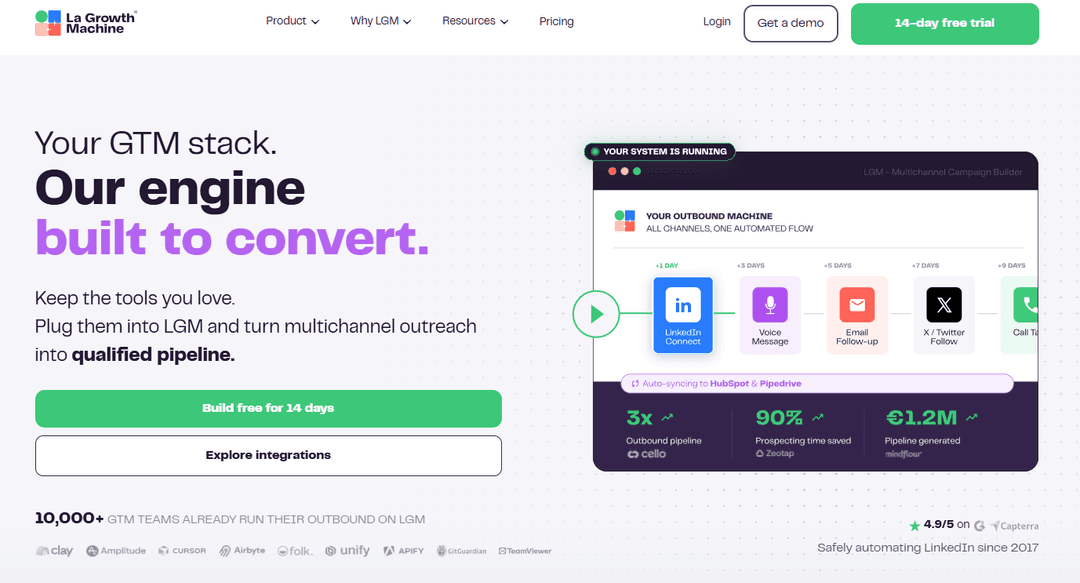 The La Growth Machine homepage presenting multichannel sequences across socials and email