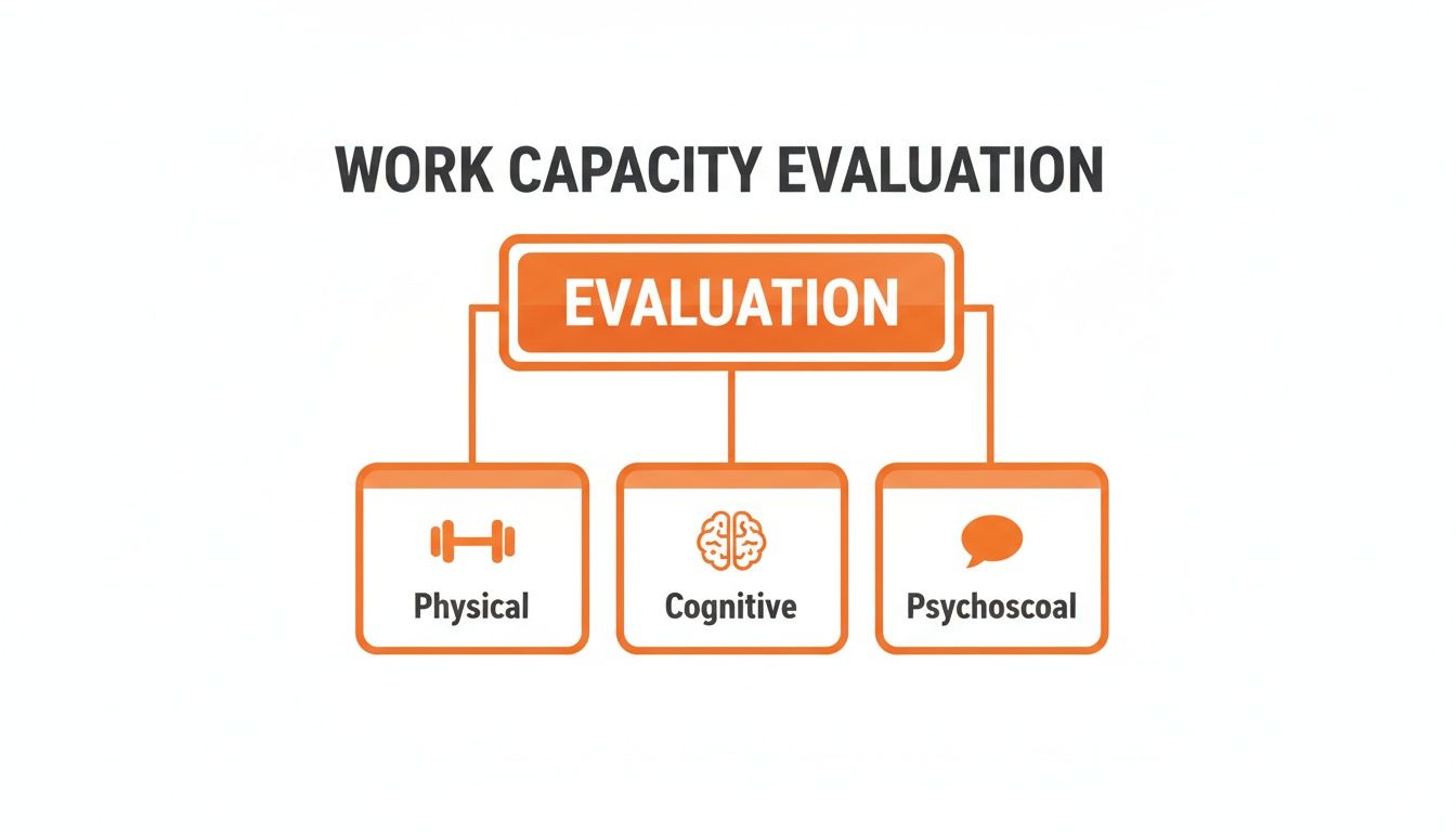 Diagram illustrating work capacity evaluation categories: physical, cognitive, and psychosocial factors.