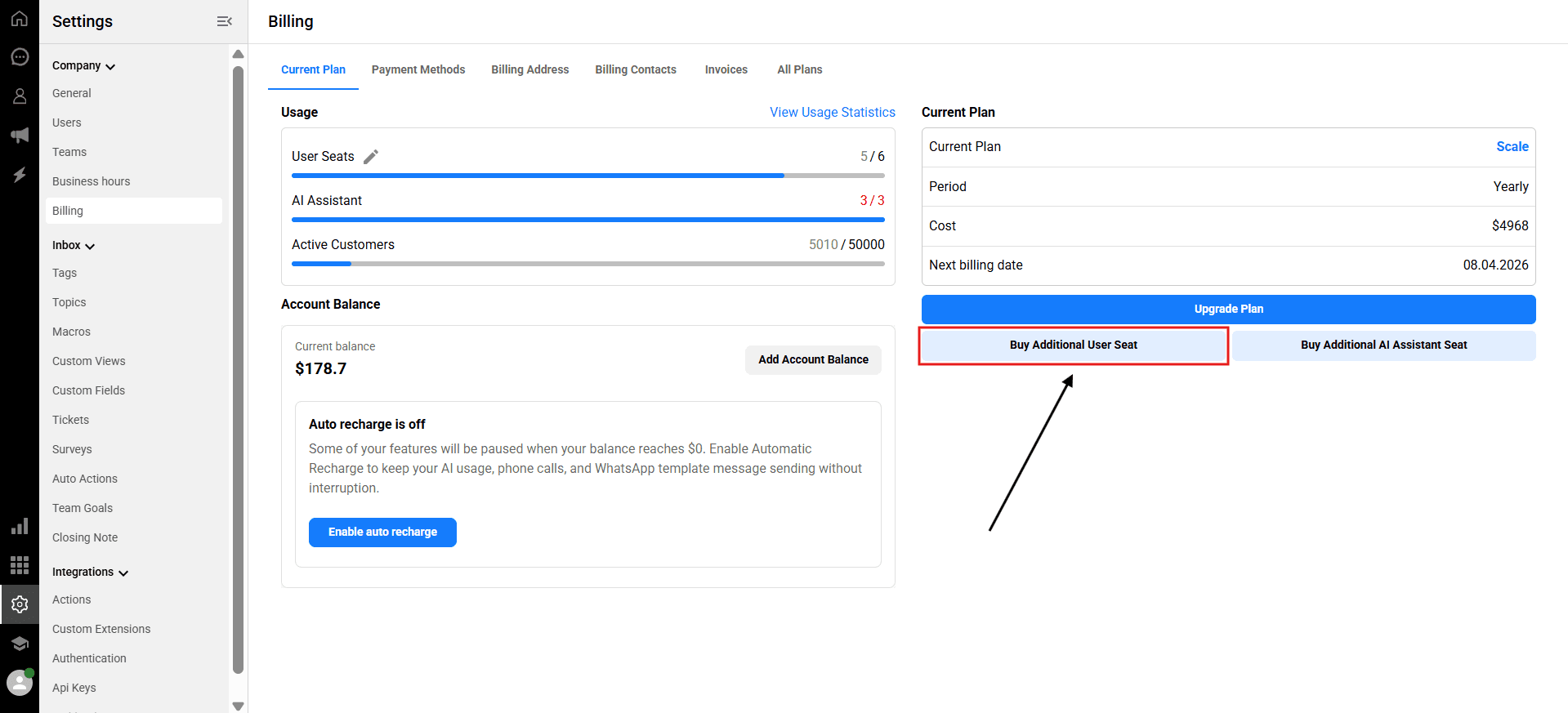 Buy additional user seat button in Qpien billing settings