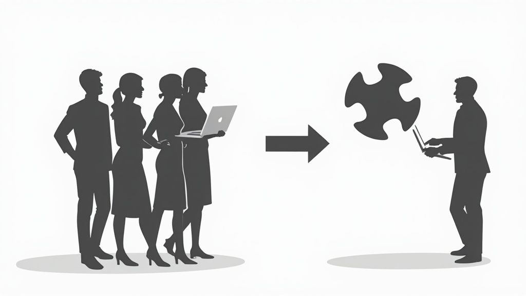 A manager adding a new team member piece to an existing puzzle, illustrating staff augmentation