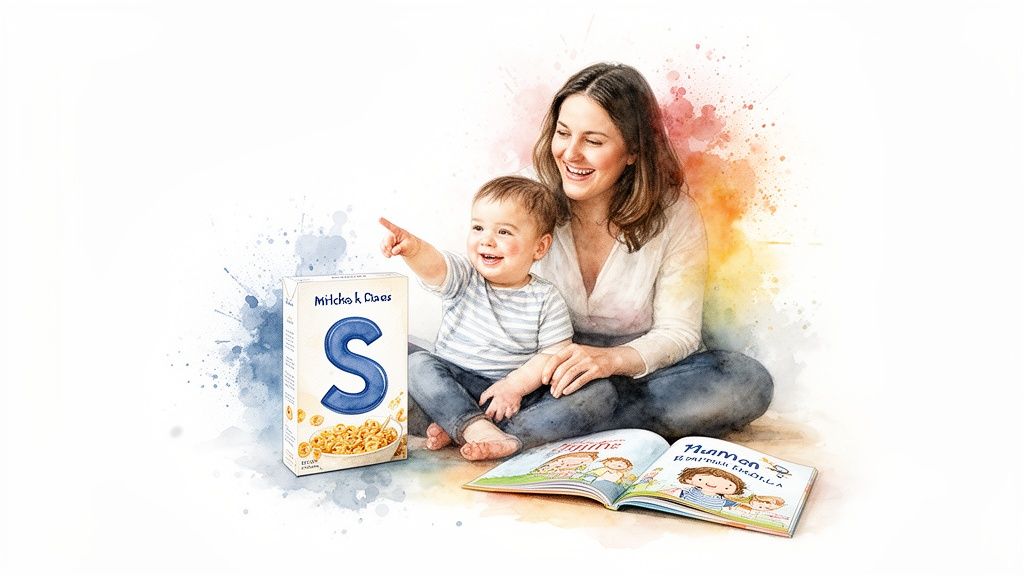 Smiling mother and baby boy pointing, sitting next to a cereal box with a blue 'S' and an open book.