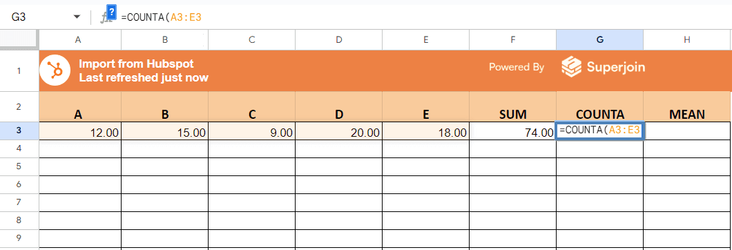 type =COUNTA(A3:E3)