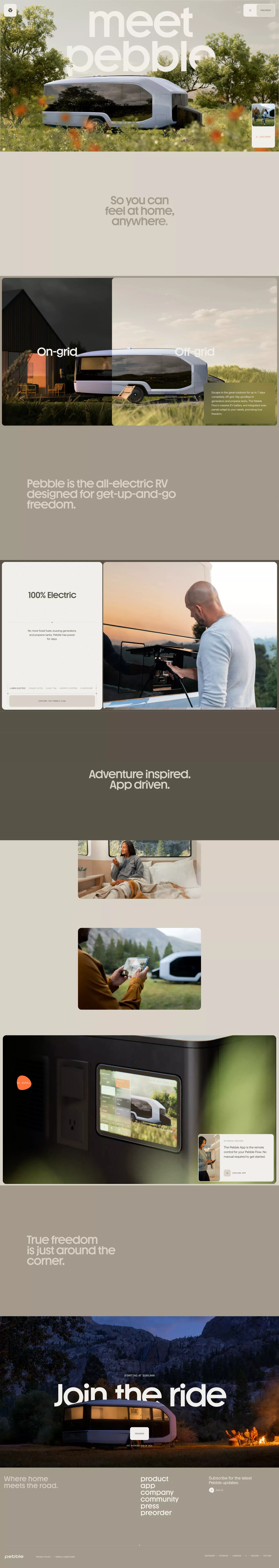 Pebble landing page screenshot showcasing Travel and Tech design