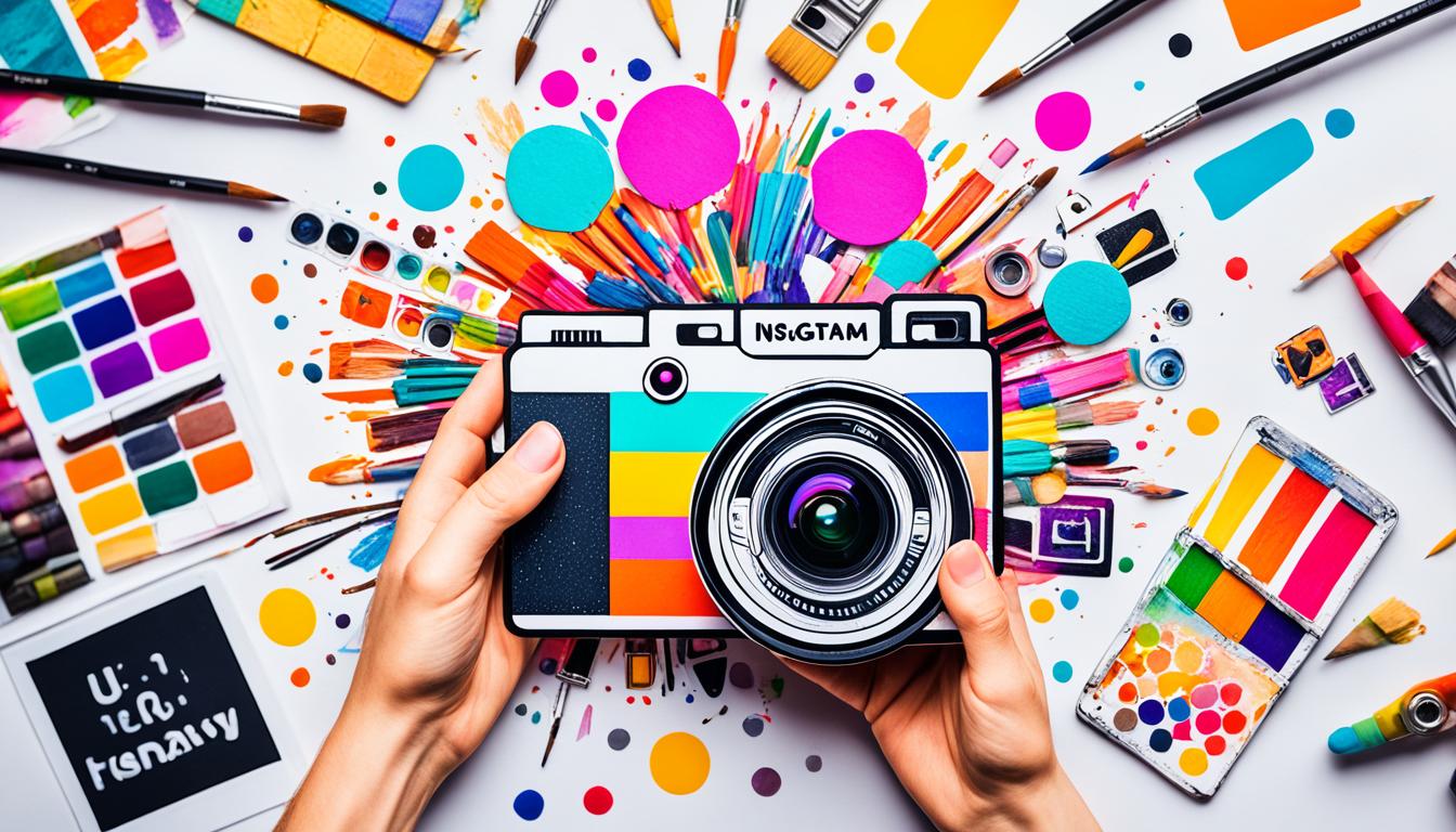 A hand holding a camera with an Instagram logo on the screen, surrounded by colorful art supplies like paintbrushes, pencils, and stickers. The hand is capturing a photo of a vibrant and eye-catching piece of art that features popular Instagram hashtags such as #artlovers and #creativecommunity. The composition should be visually stimulating and convey a sense of creativity and community.