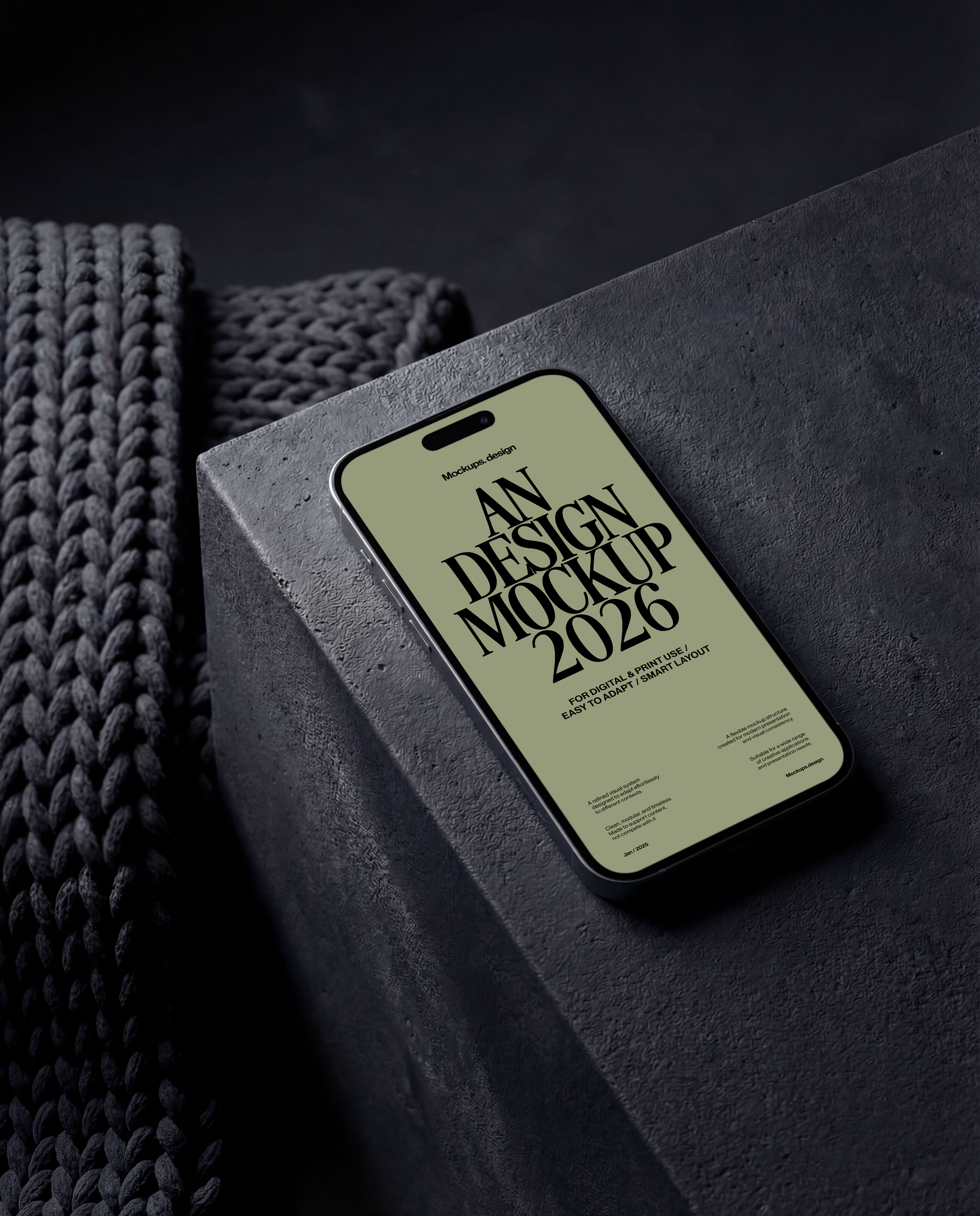 iPhone 16 mockup on elegant dark table, premium presentation