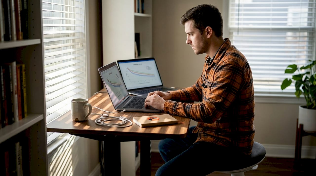 Man checking retention dashboard at home desk