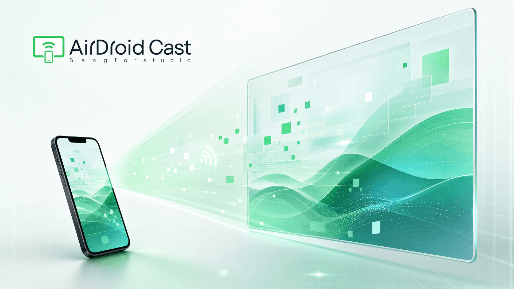 AirDroid Cast cover showing a smartphone wirelessly mirroring its screen to a large display