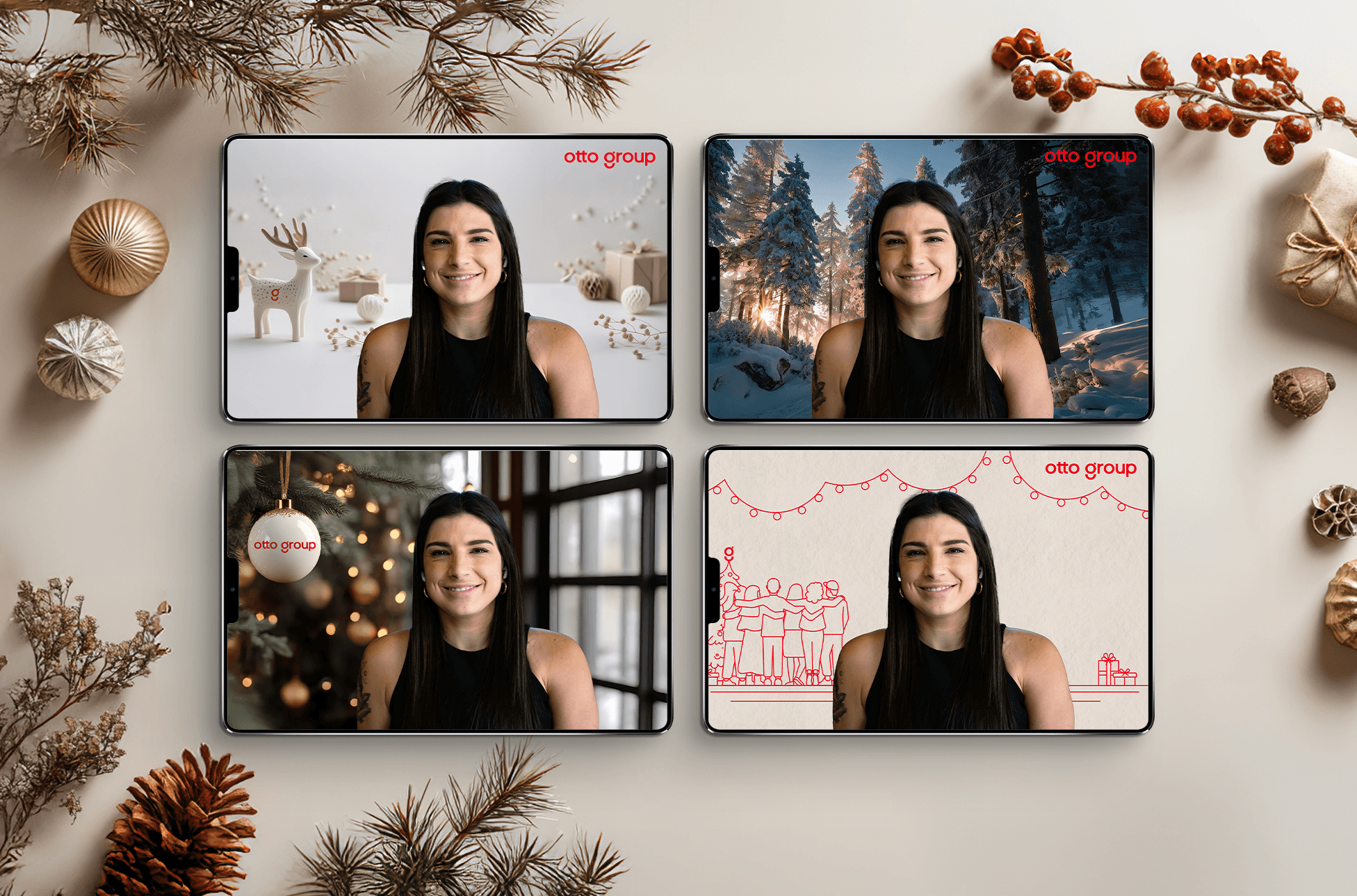 Vier Tablet zeigen eine Frau in einem Videocall mit verschiedenen weihnachtlichen Teams-Hintergründen der Otto Group. Die Motive variieren zwischen minimalistischen Illustrationen, verschneiten Landschaften und festlicher Innenraum-Deko. Umrahmt werden die Tablets von Tannenzweigen und Weihnachtsschmuck.