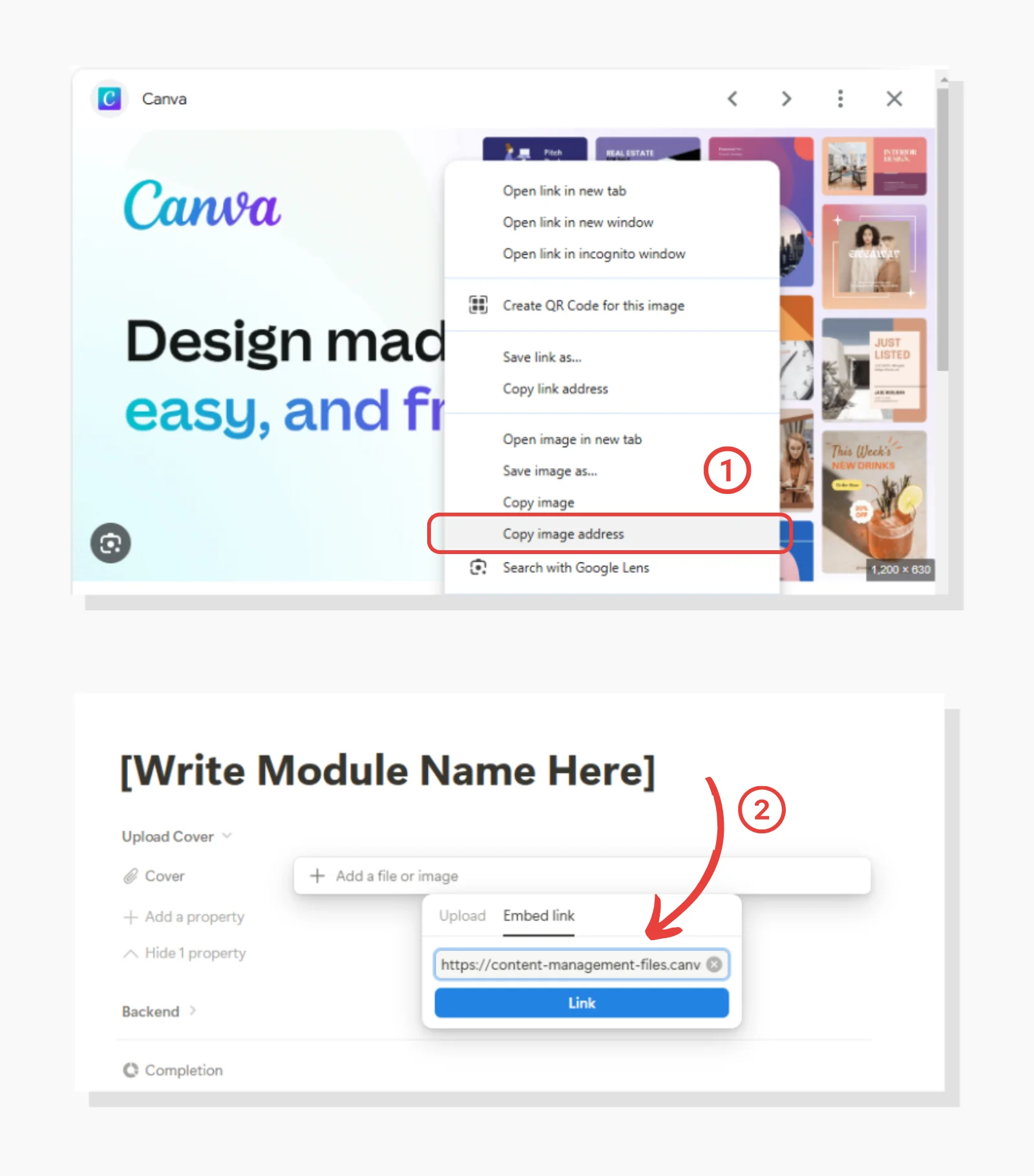 add web link image cover to module Course Creator Notion Template