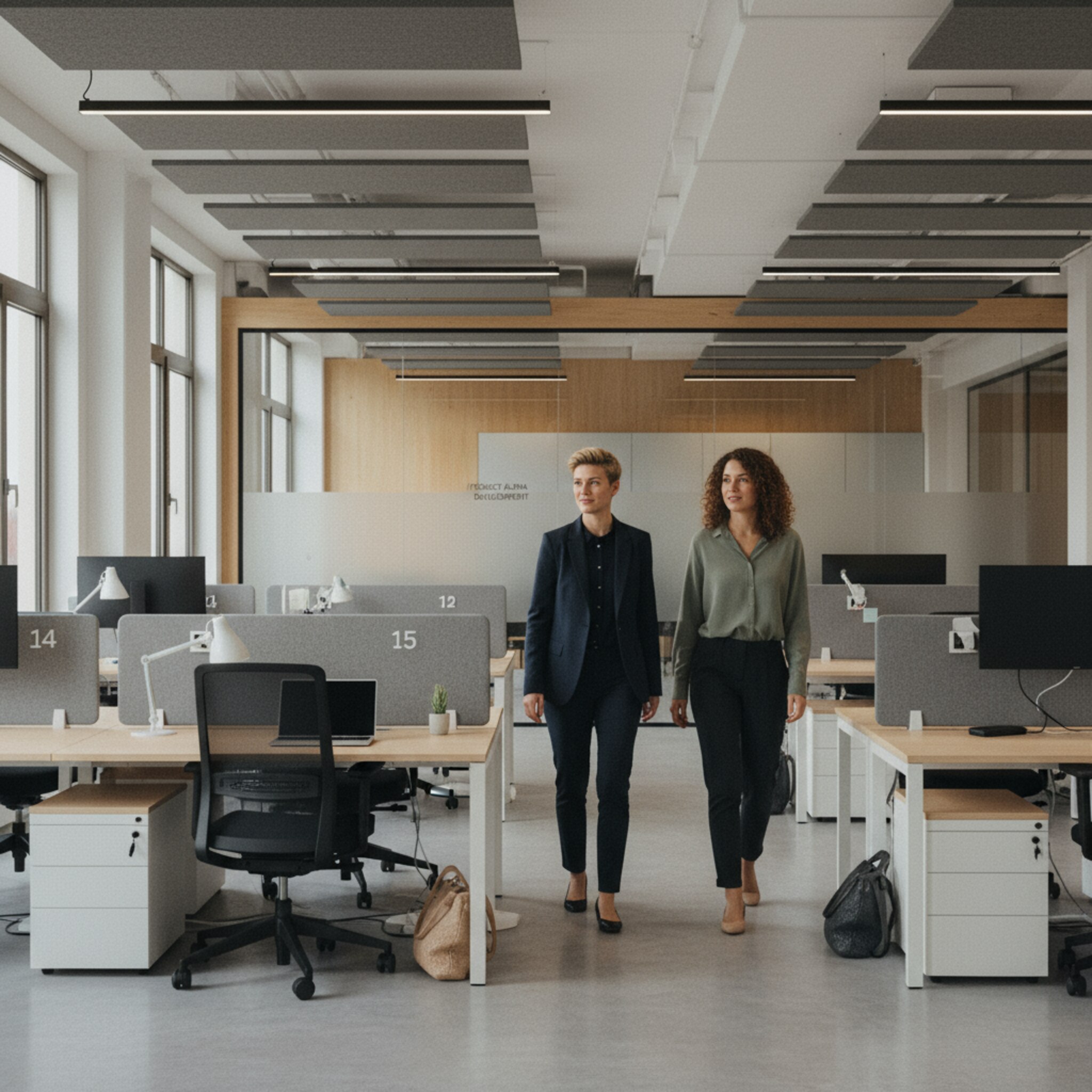 Ein lichtdurchfluteter Open Space mit klar strukturierten Arbeitszonen, nummerierten Schreibtischen und ruhiger Atmosphäre. An einer Glaswand markiert dezente Beschilderung Projektbereiche. Zwei Kolleginnen betreten leise den Bereich und nehmen Platz. Die Szene wirkt geordnet, modern und konzentriert, ohne visuelle Überladung.