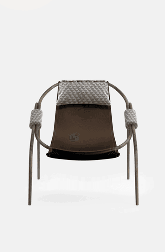 frontal view of a metal armchair in saddle leather