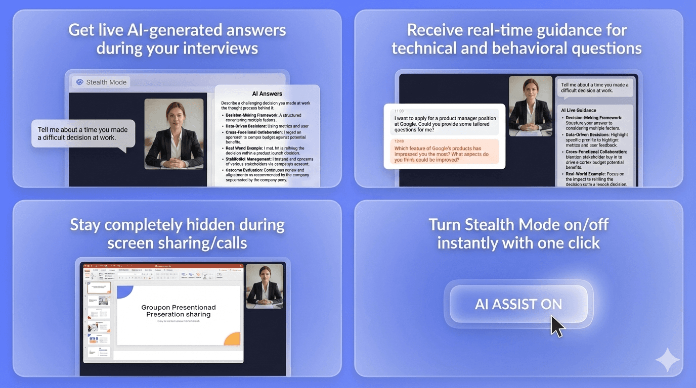 A computer monitor on a white desk displays a video interview interface. The screen shows a shared presentation on the left and a small video feed of a woman on the right. A translucent sidebar titled "AI Live Guidance" contains the text: "Tell me about a time you made a difficult decision at work," followed by bullet points for a suggested answer framework. A blue toggle switch at the bottom right of the screen is labeled "AI ASSIST ON." The monitor is centered between two black studio speakers, with a keyboard, mouse, and notebook visible on the desk.