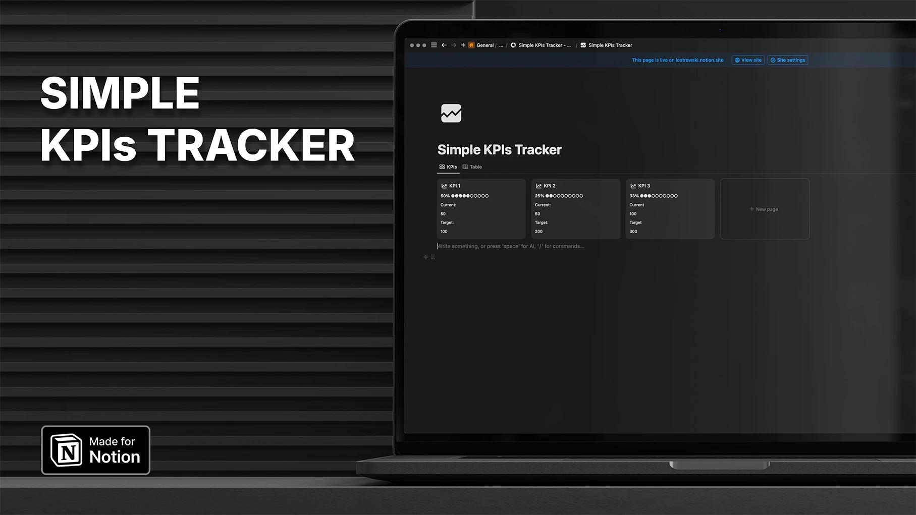 Simple KPIs Tracker Notion template in dark mode on laptop screen. Dashboard displays three KPI cards with progress bars, targets, and current values. Clean interface for efficient performance tracking, ideal for startups and small businesses using Notion.