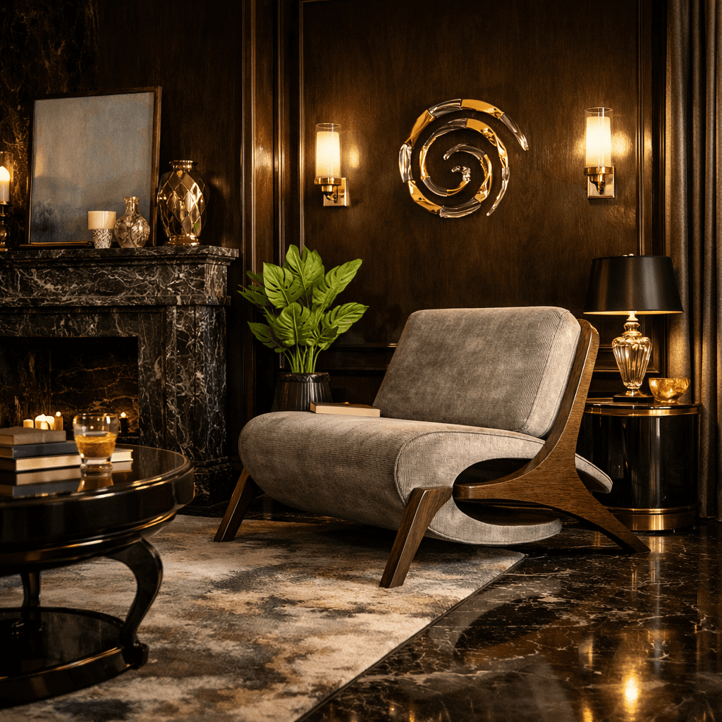 Sculptural luxury wall sconce, elegant living room corner