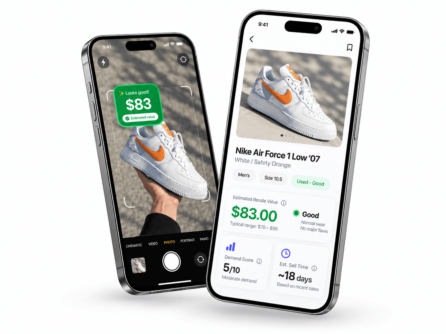 Two Value AI phone screens showing a sneaker scan and estimated resale details