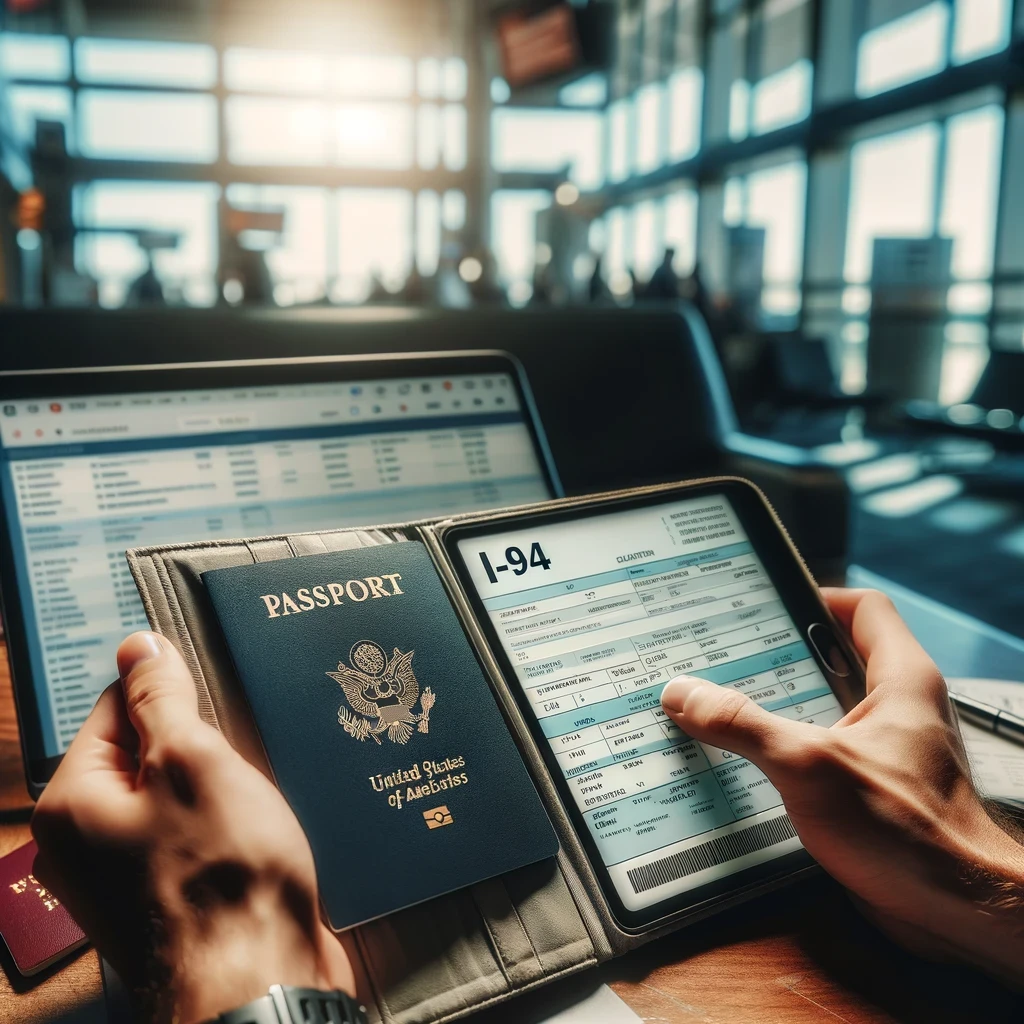 Close-up of a traveler reviewing their electronic I-94 form on a tablet, with their passport and boarding pass beside them, symbolizing the process of managing entry documents for the United States.