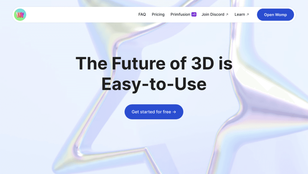 Screenshot of the Womp homepage, which features the headline "The Future of 3D is Easy-to-Use".