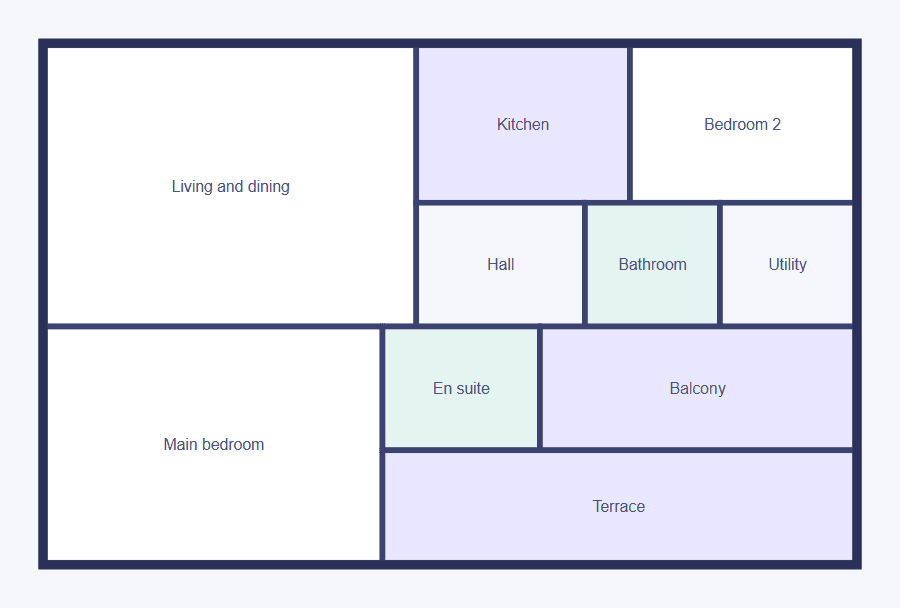 Floor plan drawing of a 2-bedroom home with labelled rooms