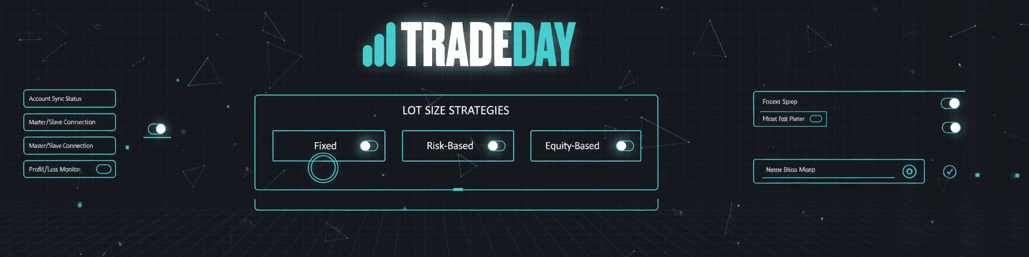 Copygram dashboard with advanced lot size settings for Fixed, Risk-Based, Equity-Based scaling.