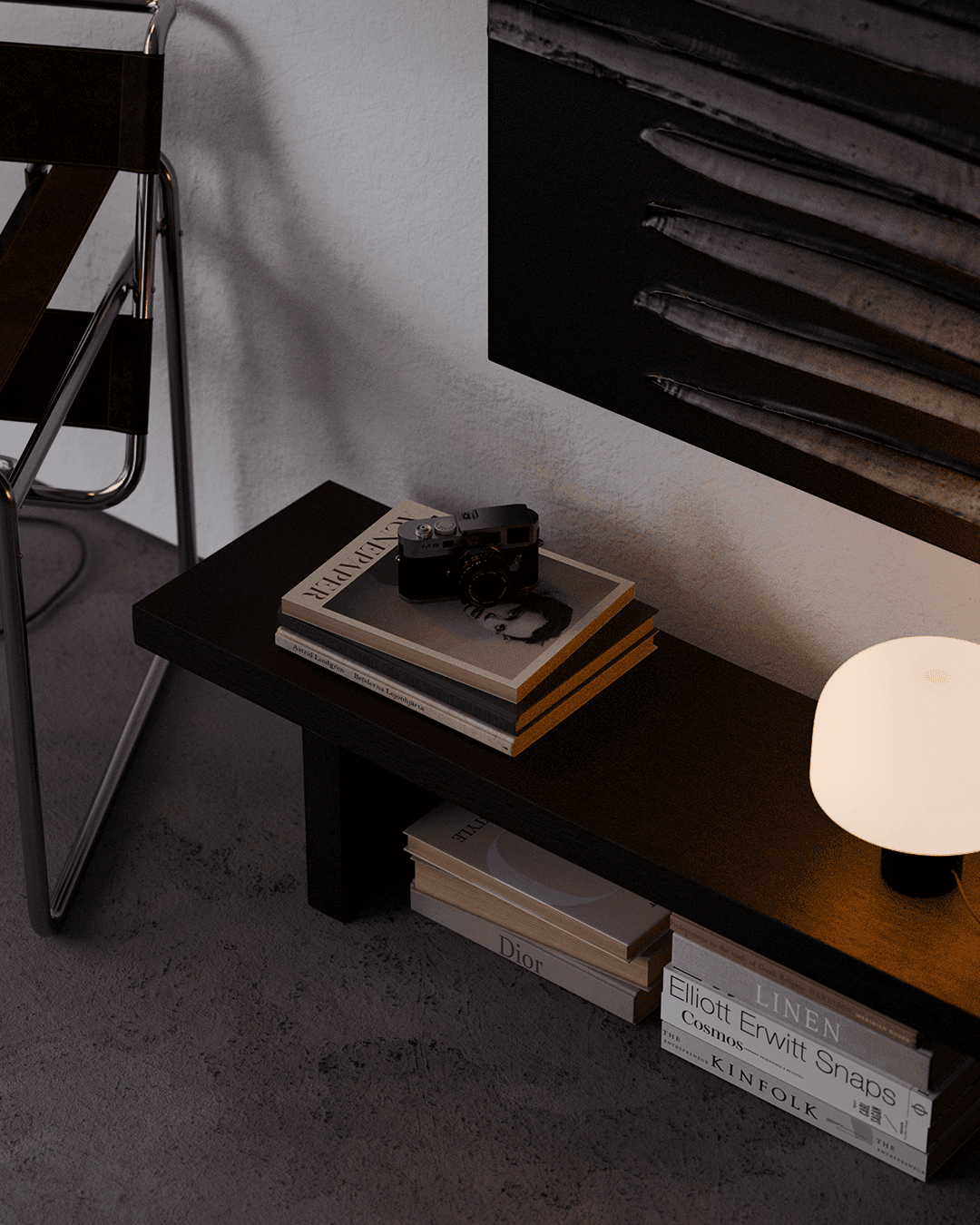 Rendu 3D détail de mobilier design dans un bureau contemporain, livres et appareil photo vintage sur étagère sombre — Aure Moukala