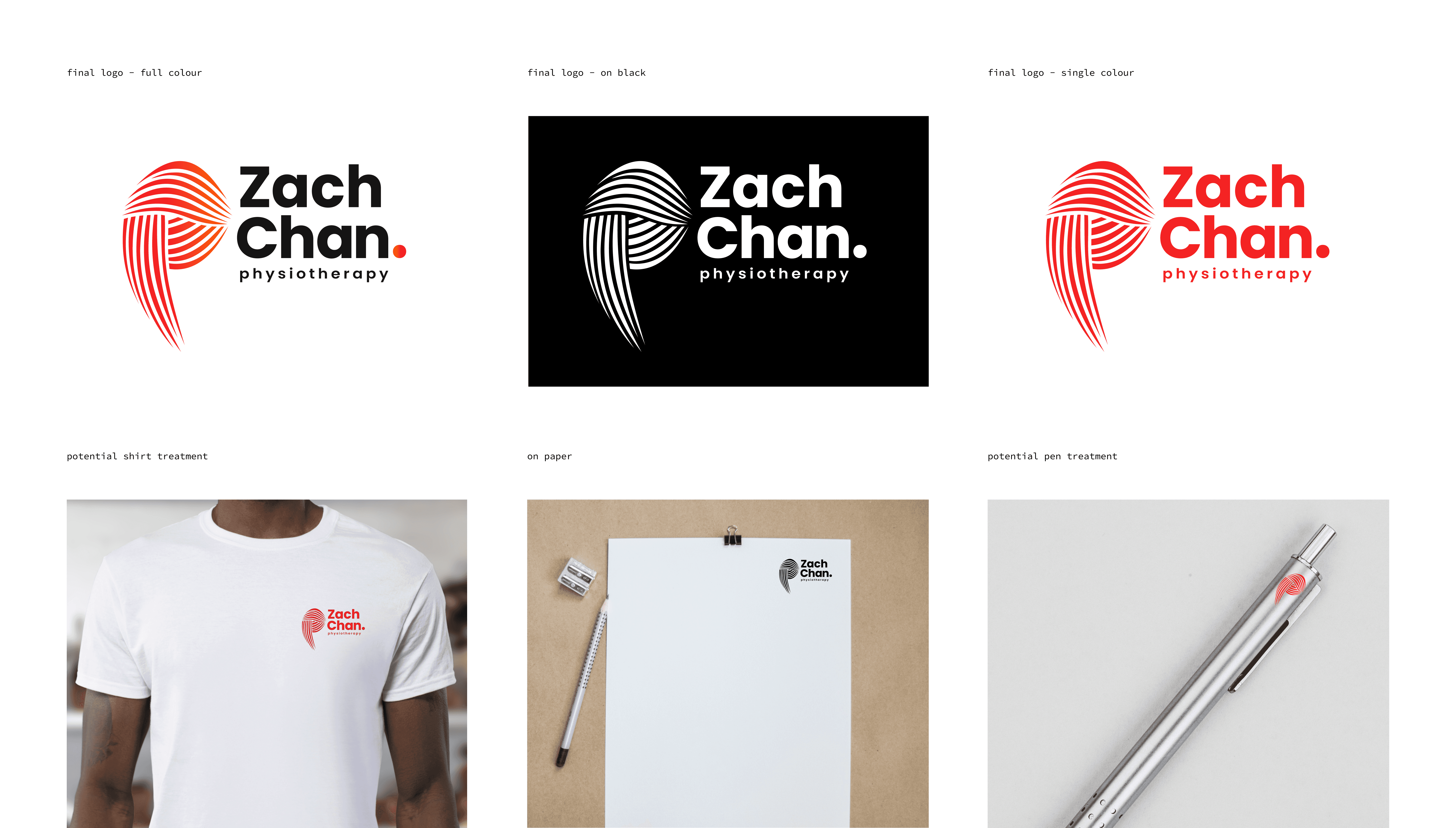 Final Zach Chan Physiotherapy logo shown in full color, white on black, and single-color variations, alongside mockups on a t-shirt, stationery, and pen demonstrating digital and physical applications.