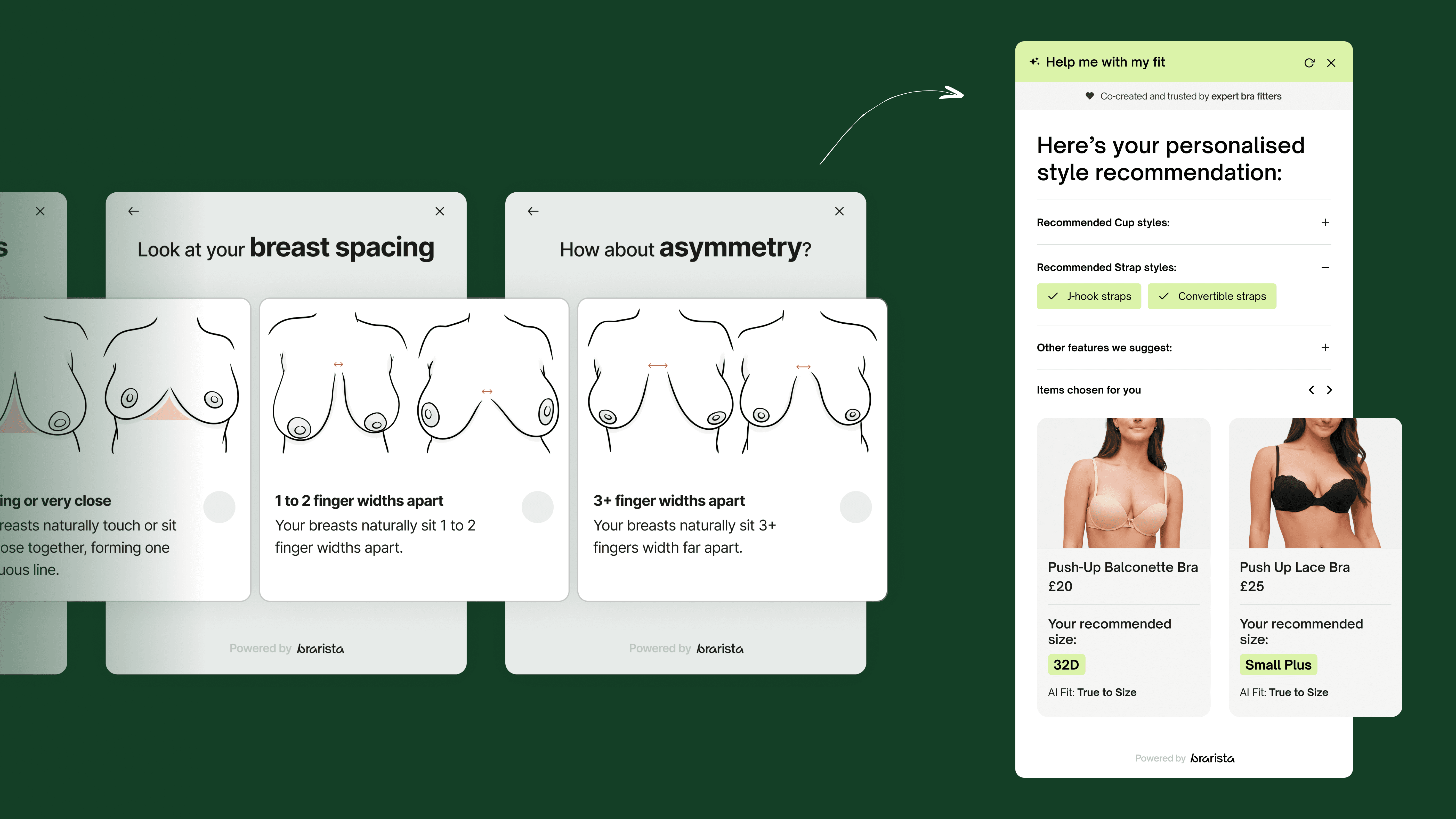Brarista's breast shape quiz flow showing a series of visual questions about breast shape and body features, followed by a personalised results screen with product recommendations.
