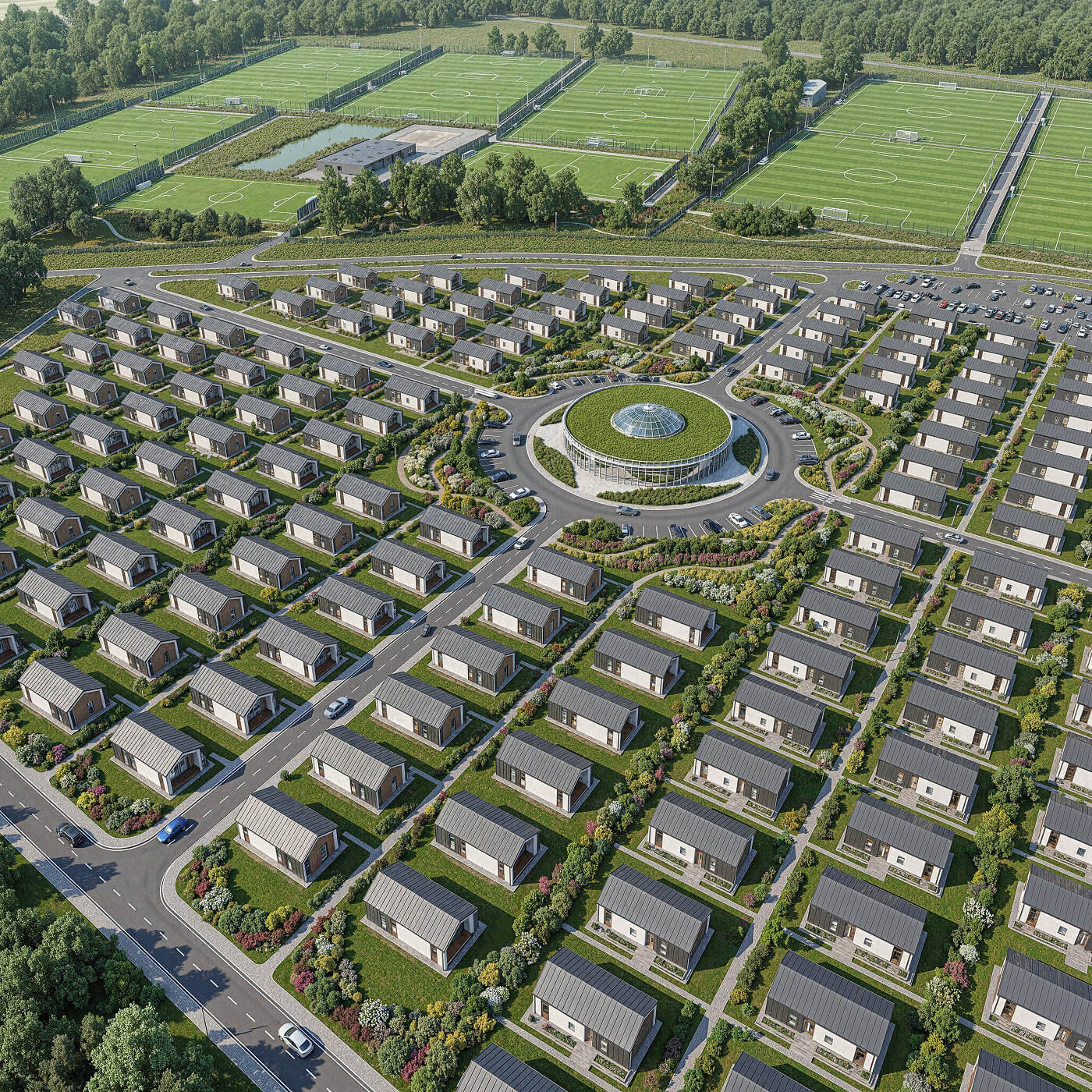 Wioska Turowo Football Camp z lotu ptaka, dziesiątki domków letniskowych