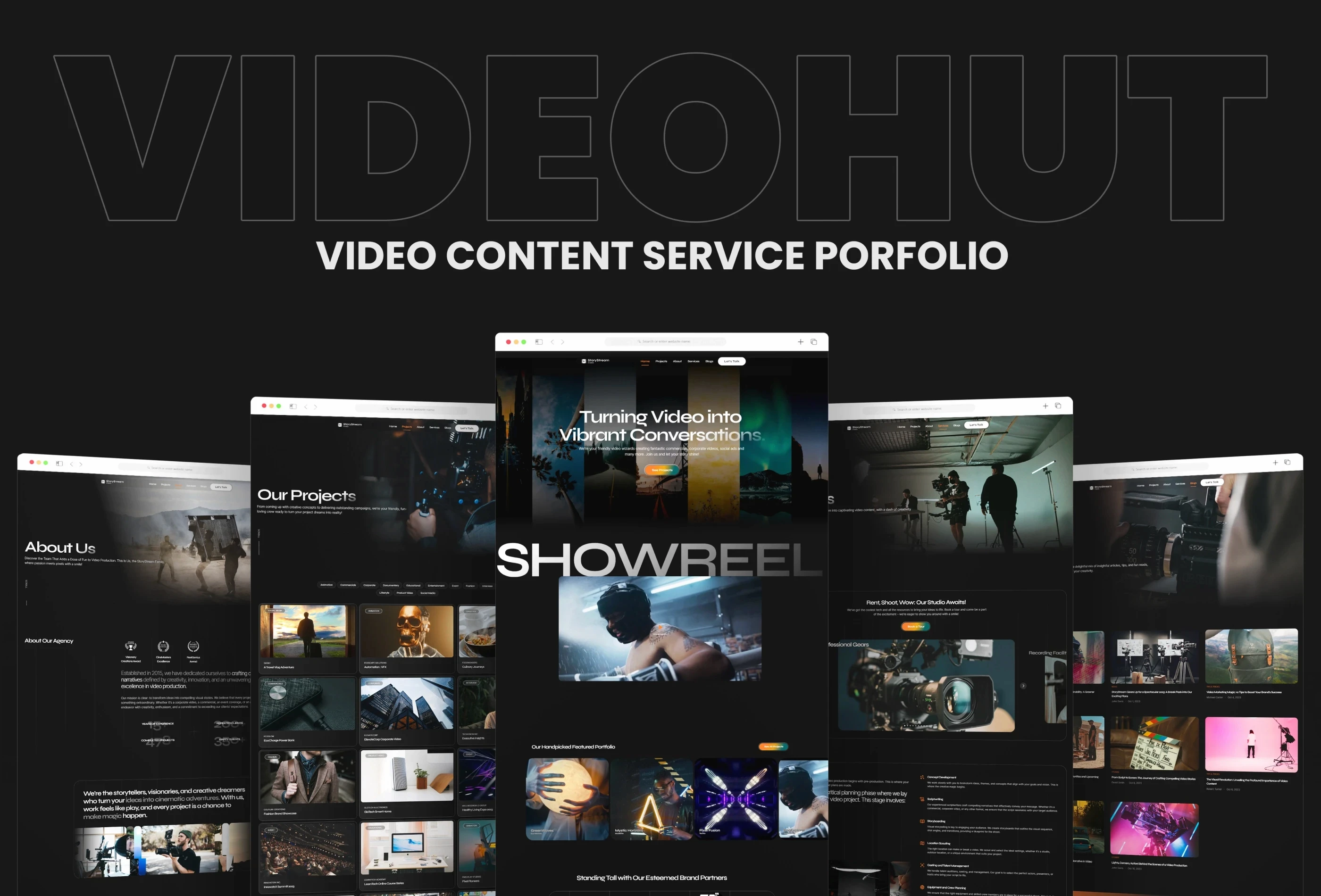 VideoHut video production house dark template with showreel, project pages, about us, and content service portfolio layout.