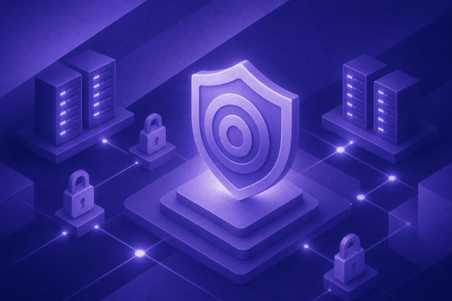 A sleek enterprise security and compliance concept: a digital shield with layered concentric rings representing data protection, surrounded by abstract lock icons, secure server racks glowing with soft blue light, and interconnected nodes forming a network grid, dark navy and deep teal background with luminous cyan highlights, professional and modern aesthetic, no text or labels