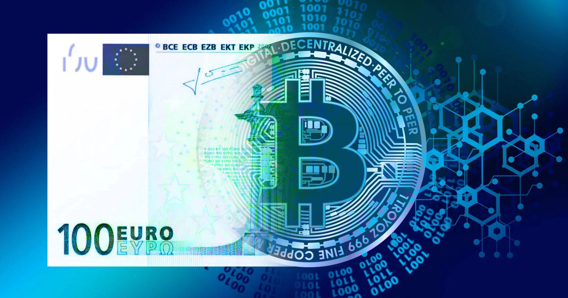 A digital collage blending a 100-euro banknote with a large Bitcoin symbol, set against a blue background with binary code and blockchain network graphics, representing the convergence of traditional finance and cryptocurrency.