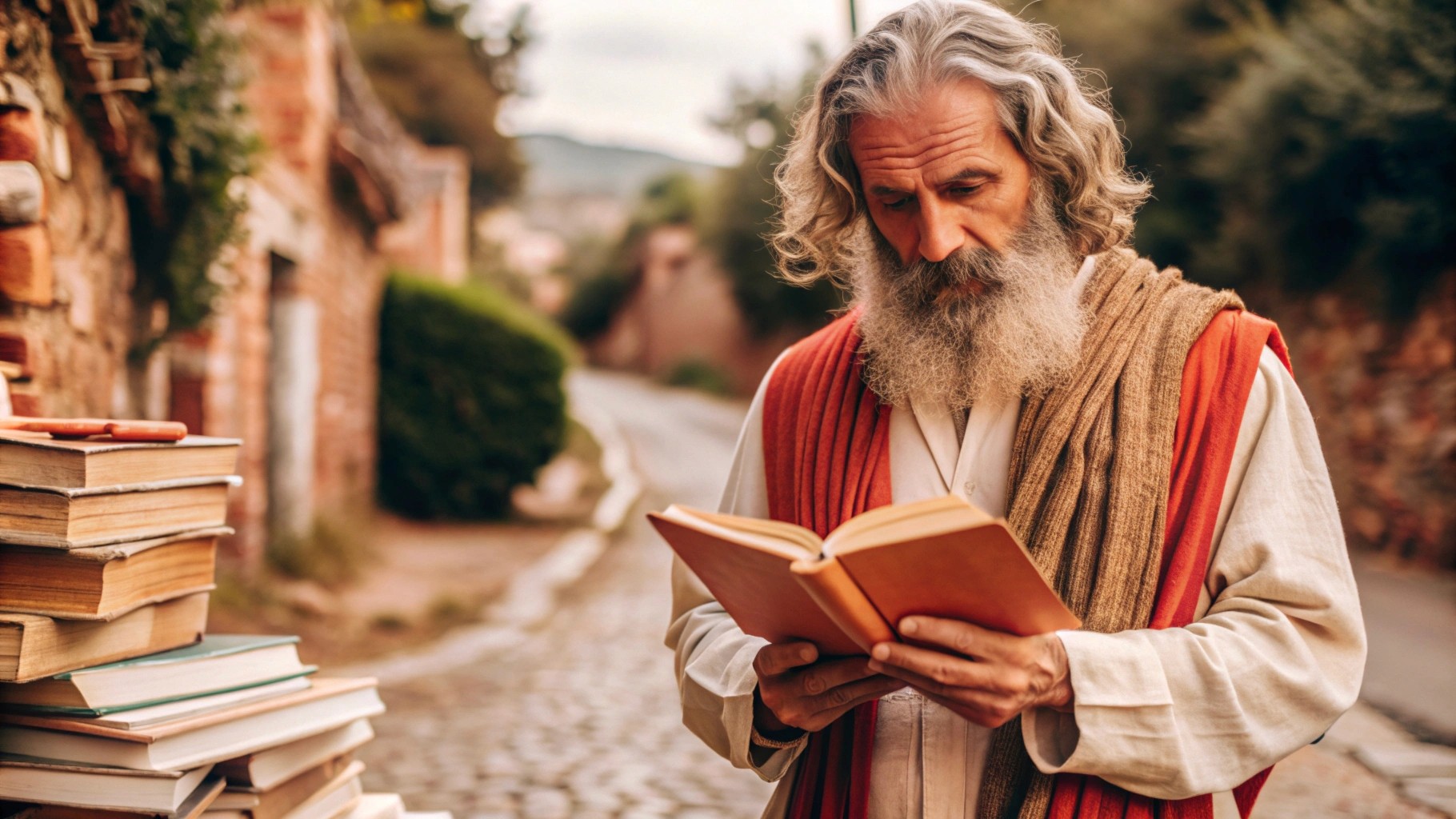 an ancient philosopher stands on the road reading a piece of paper. a pile of books is near him