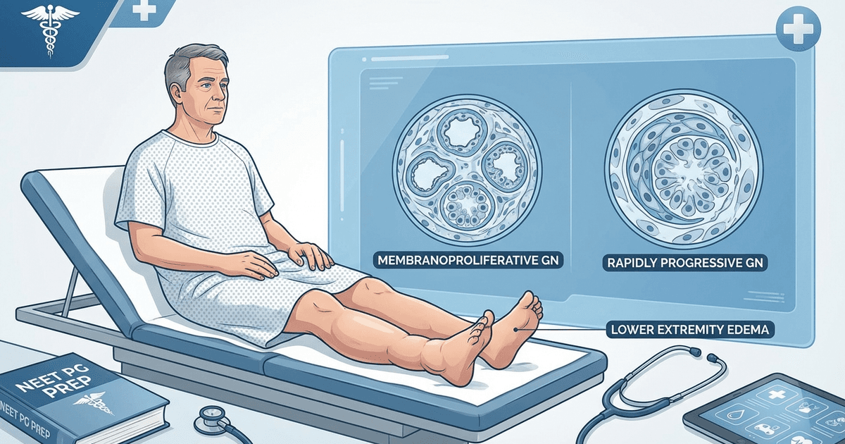 Cover: 45-Year-Old Man with Lower Extremity Edema: MPGN vs RPGN — High-Yield NEET PG Nephrology MCQ Guide (2026)