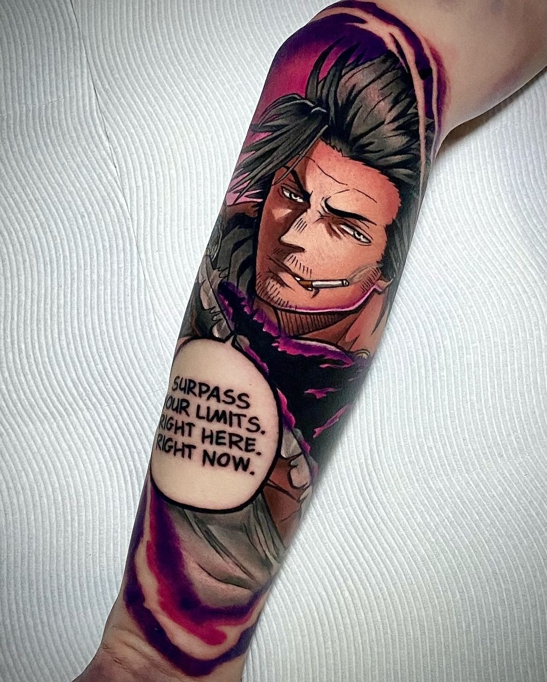 colorful anime tattoo of yami from black clover saying surpass your limits right here right now