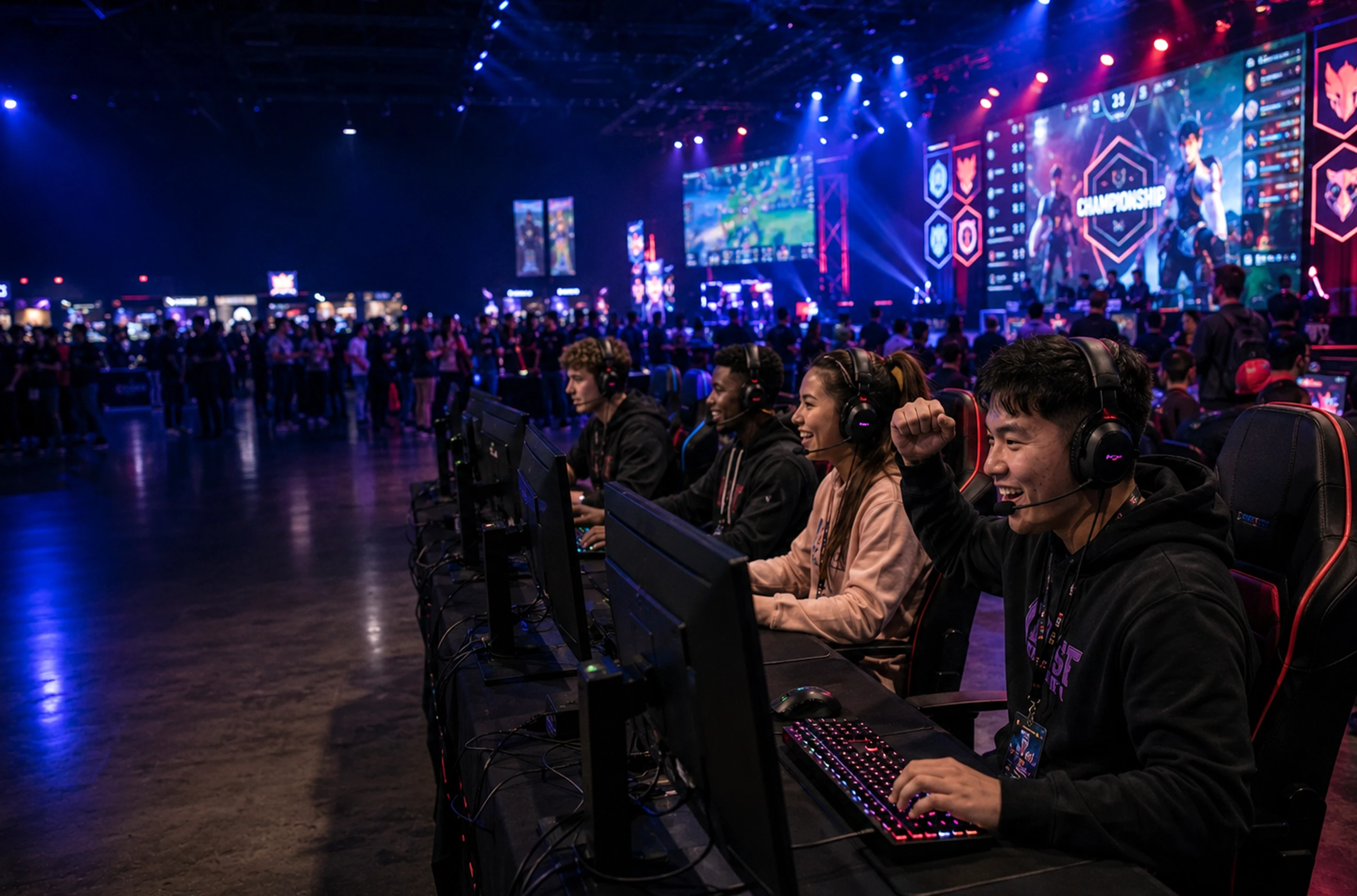 team of esports players pumped on their round at the the