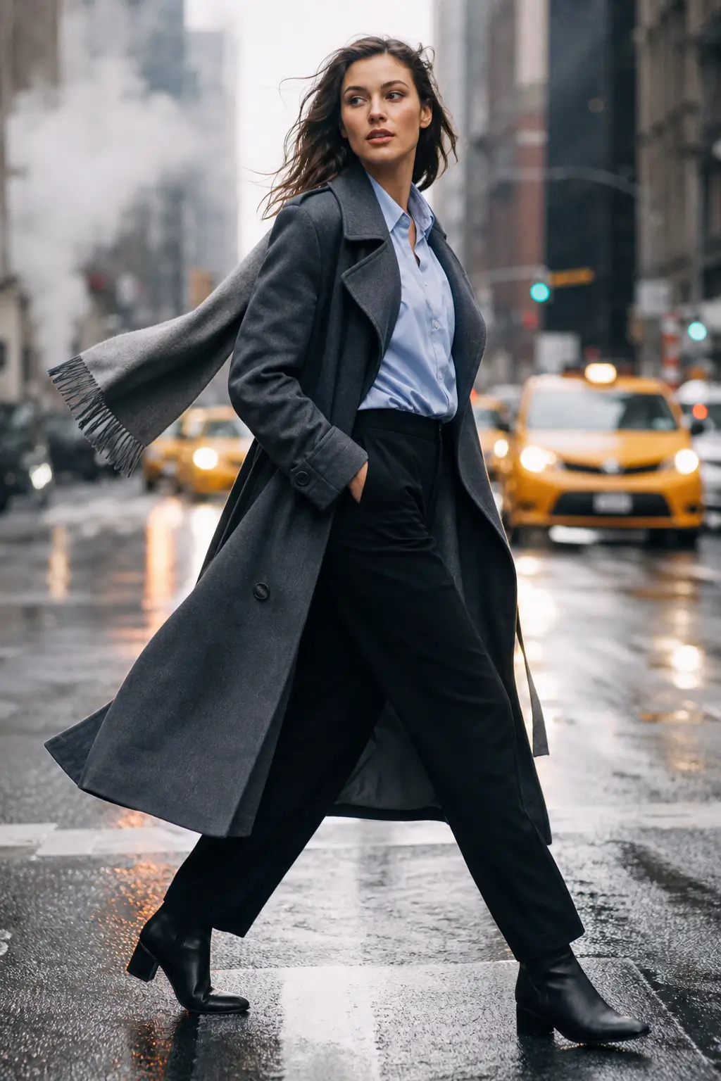AI-generated cinematic portrait of a woman walking confidently through a rain-soaked city street at night.