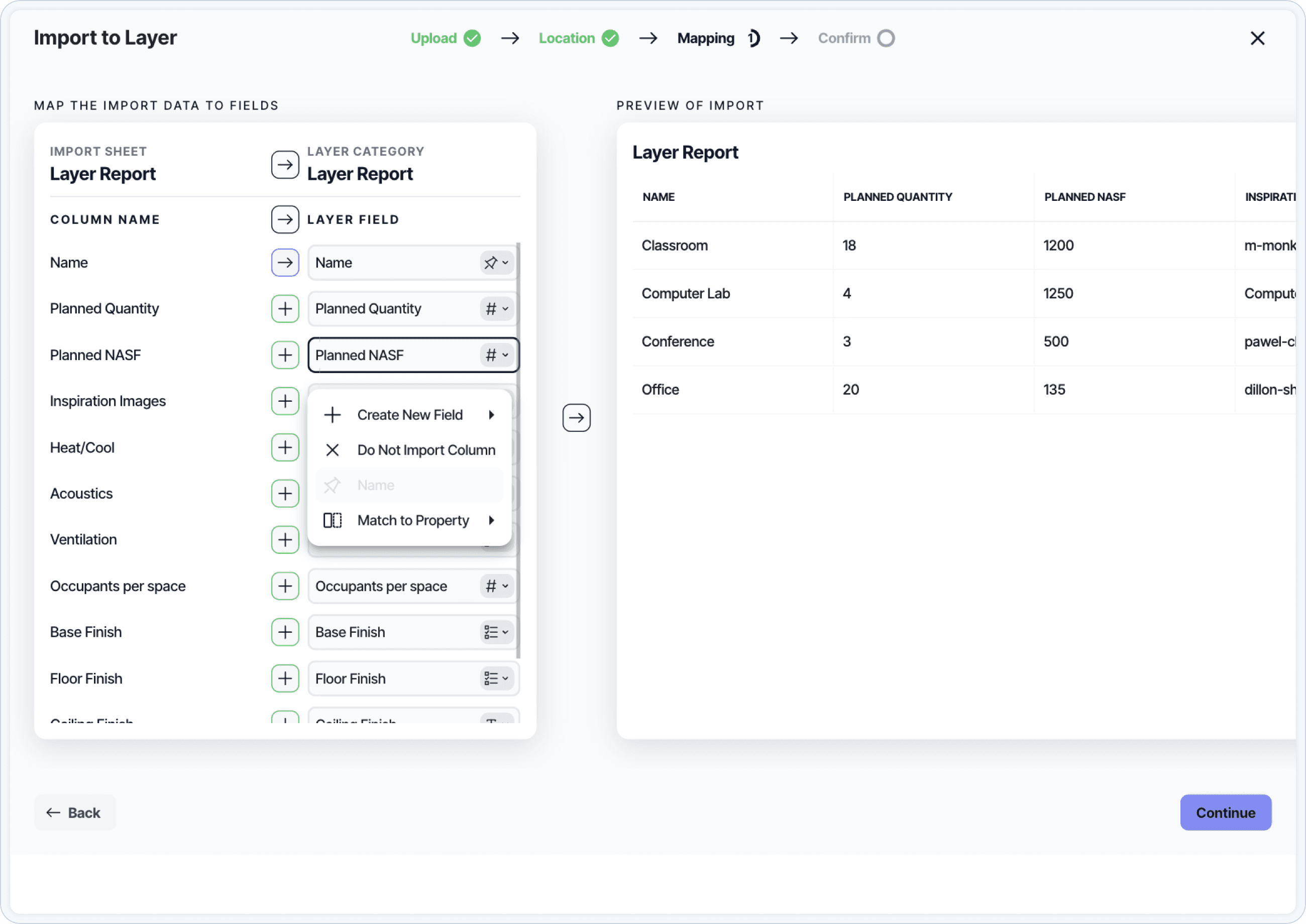 Map your columns to new field types in Layer before importing