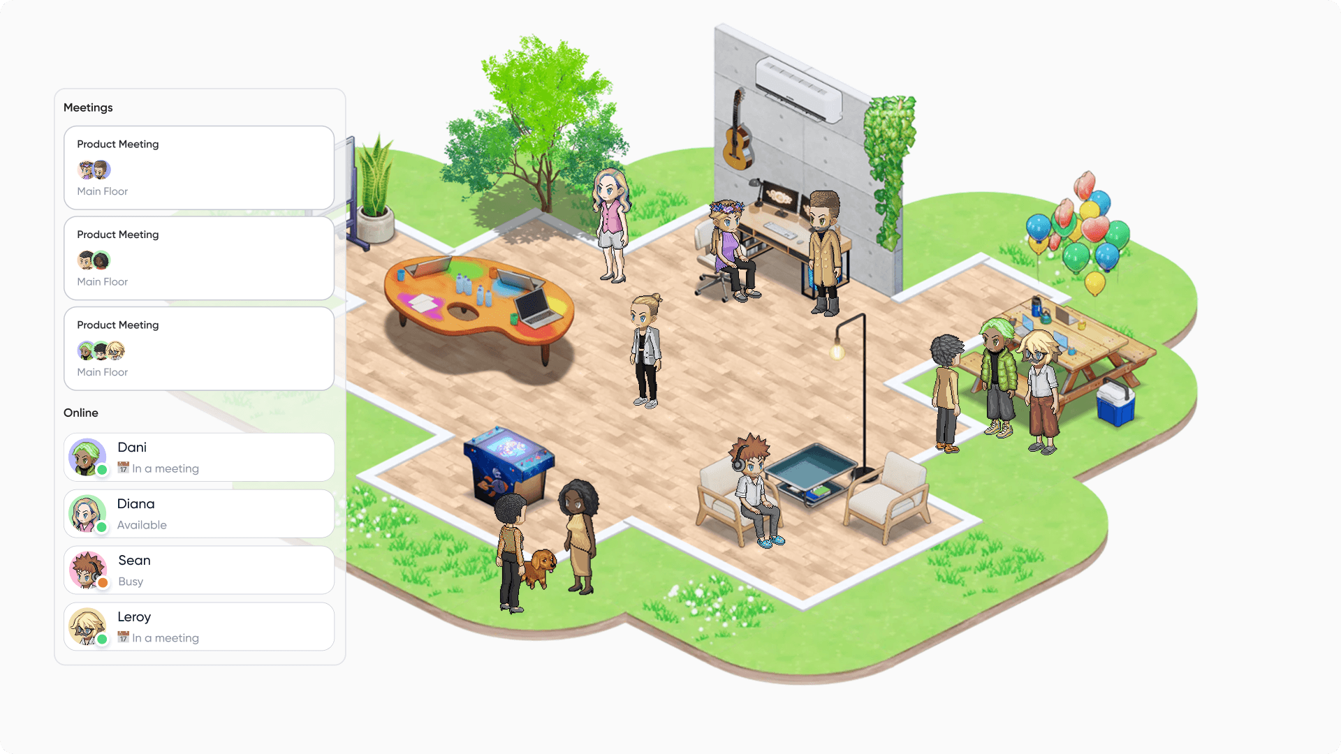 A professional virtual meeting room in SoWork with a large conference table, integrated Notion and Google Drive icons, and a cosmic-themed presentation screen showing project milestones.