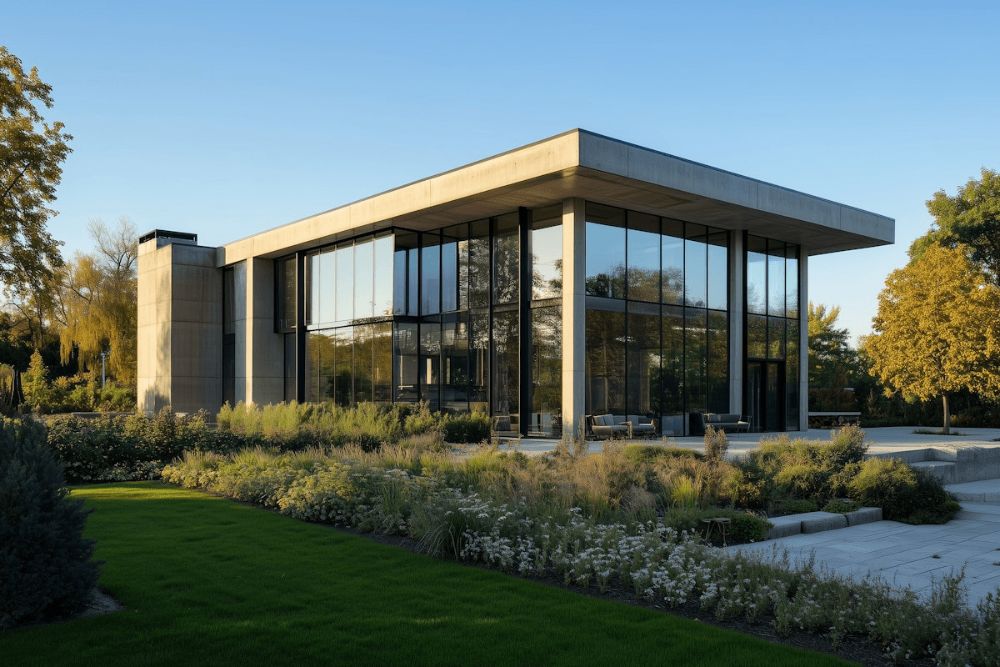 Modern glass house with a flat concrete roof, surrounded by a lush landscaped garden under a clear blue sky.