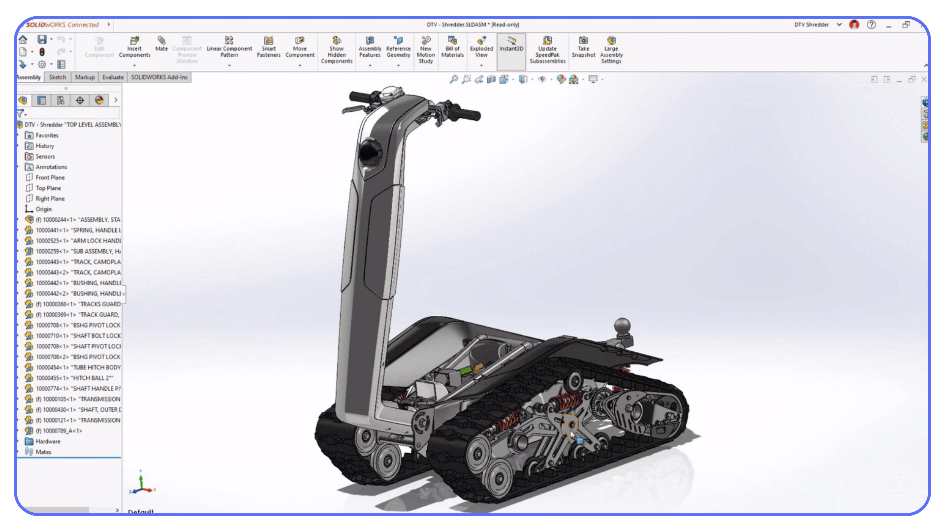 SolidWorks interface showing a detailed tracked vehicle assembly with exposed mechanical components.