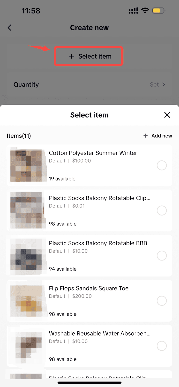 TikTok App LIVE Shopping product list with a button to add a product.