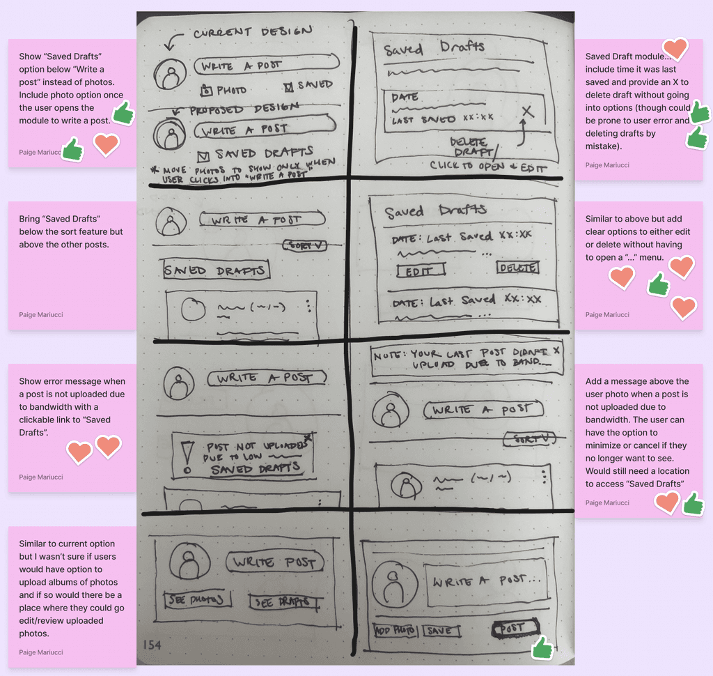 Crazy 8's Sketching Exercise for Saved Drafts Feature