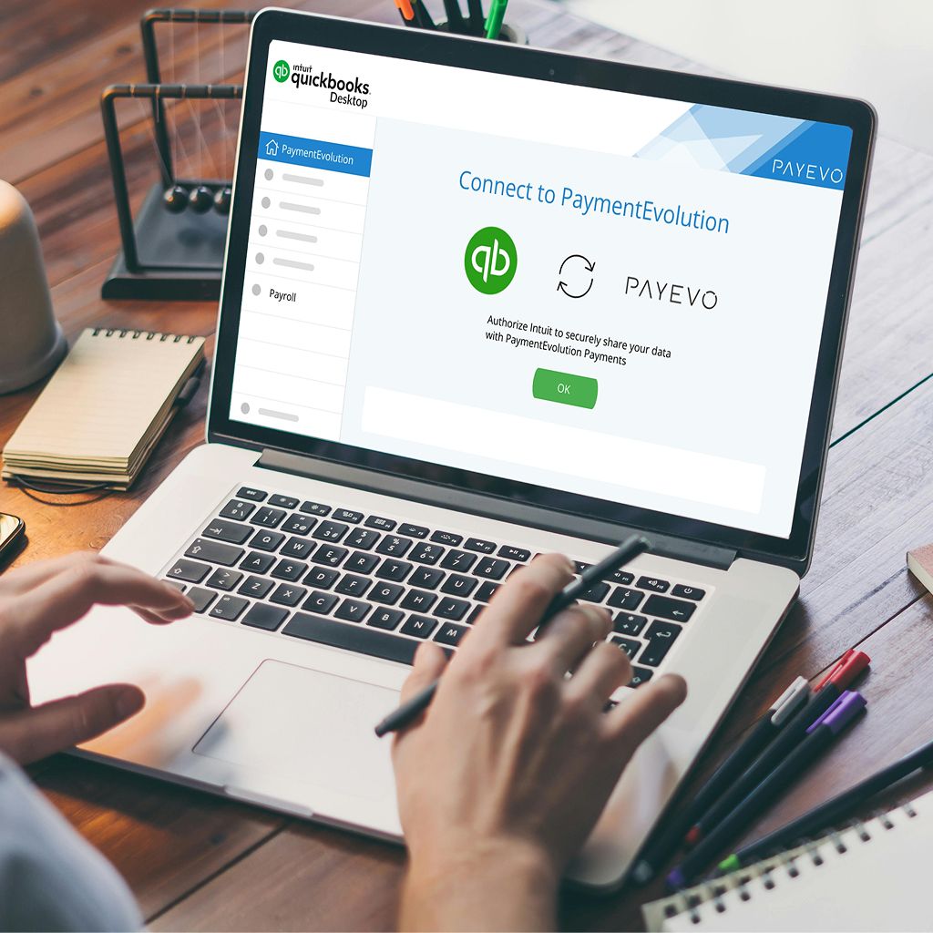 Laptop screen showing Quickbooks account access authorization request from PaymentEvolution