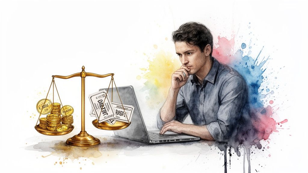 Thoughtful man using laptop, scales balancing coins and bills, symbolizing financial choices.