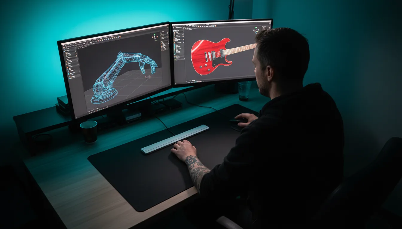 High-angle DSLR shot of a 3D artist from behind, working at a dual-monitor setup. The room has cinematic contrast, with a vibrant cyan LED strip backlighting the desk. The artist, who has a tattoo on his forearm, is using a slim white keyboard and a mouse on a large black mat. The two screens display 3D modeling software: the left monitor shows a complex mechanical model in a wireframe view with UI elements, and the right monitor shows a finished 3D render of a red electric guitar. The desk has a light wood grain texture.