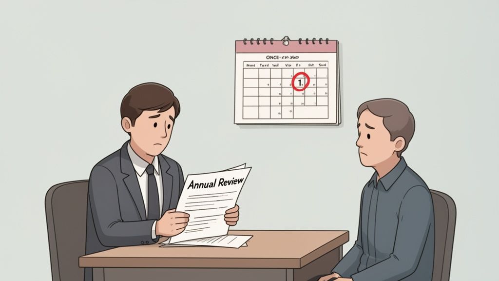 Two men at a desk during an annual review; one holds documents, both look concerned.