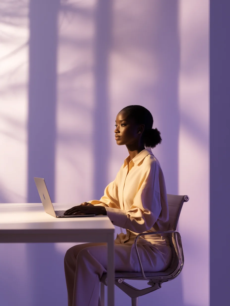 Woman sitting at a desk using a laptop in warm ambient lighting.