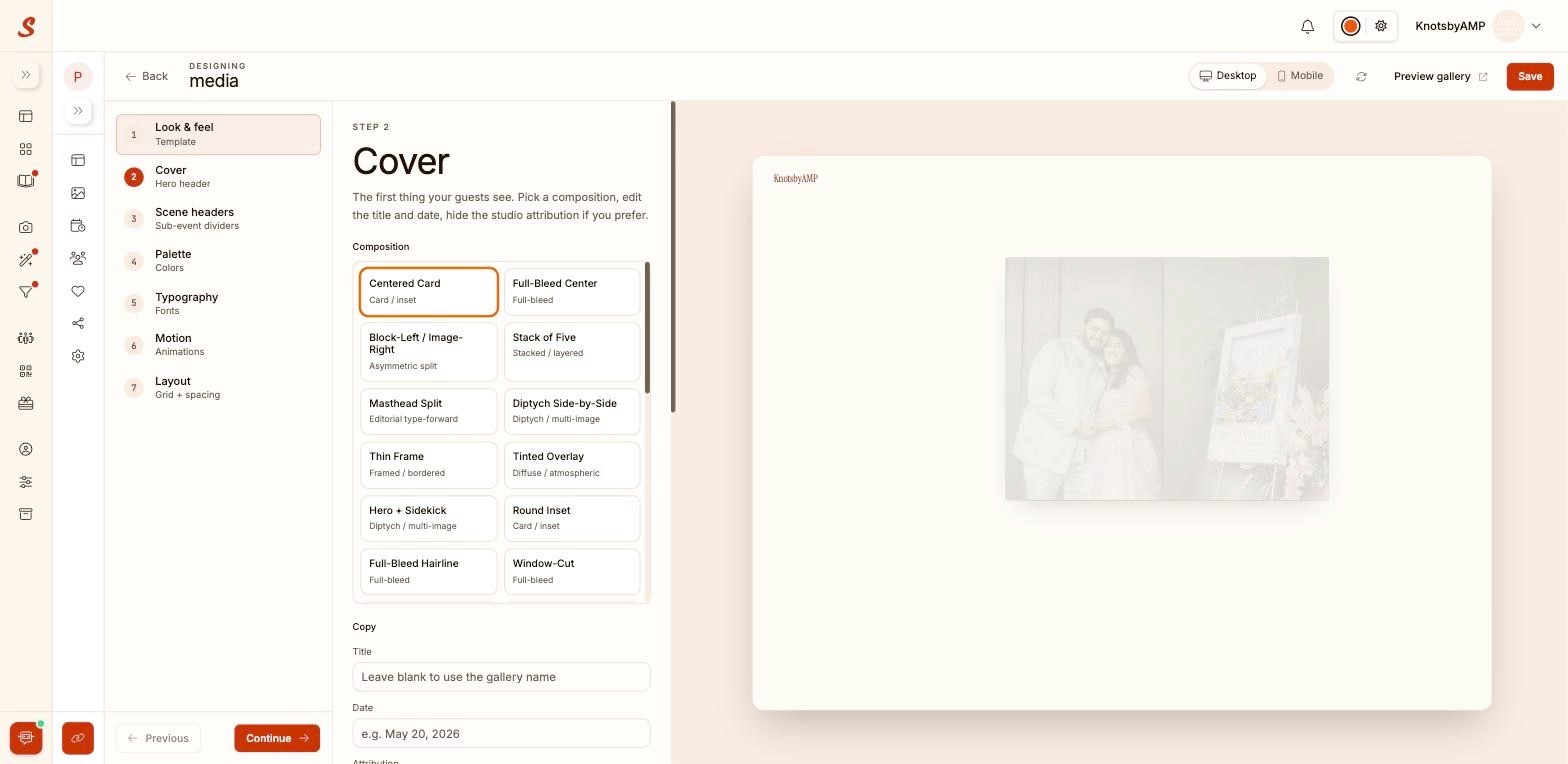 Samaro Gallery Design Cover step showing hero composition options and live preview of a wedding gallery cover