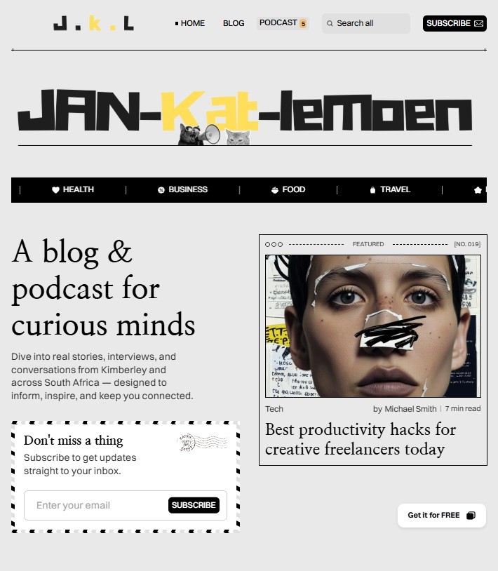 Jan-Kat-Lemoen website design — bilingual podcast and blog platform designed by Christoffel for a South African sibling duo